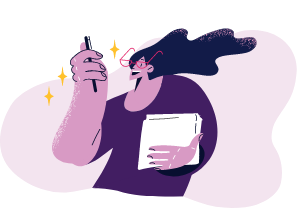Ilustração de uma mulher segurando uma caneta e folhas de papel