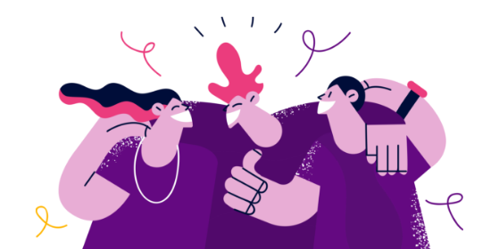 Ilustração de 3 voluntários abraçados e sorrindo